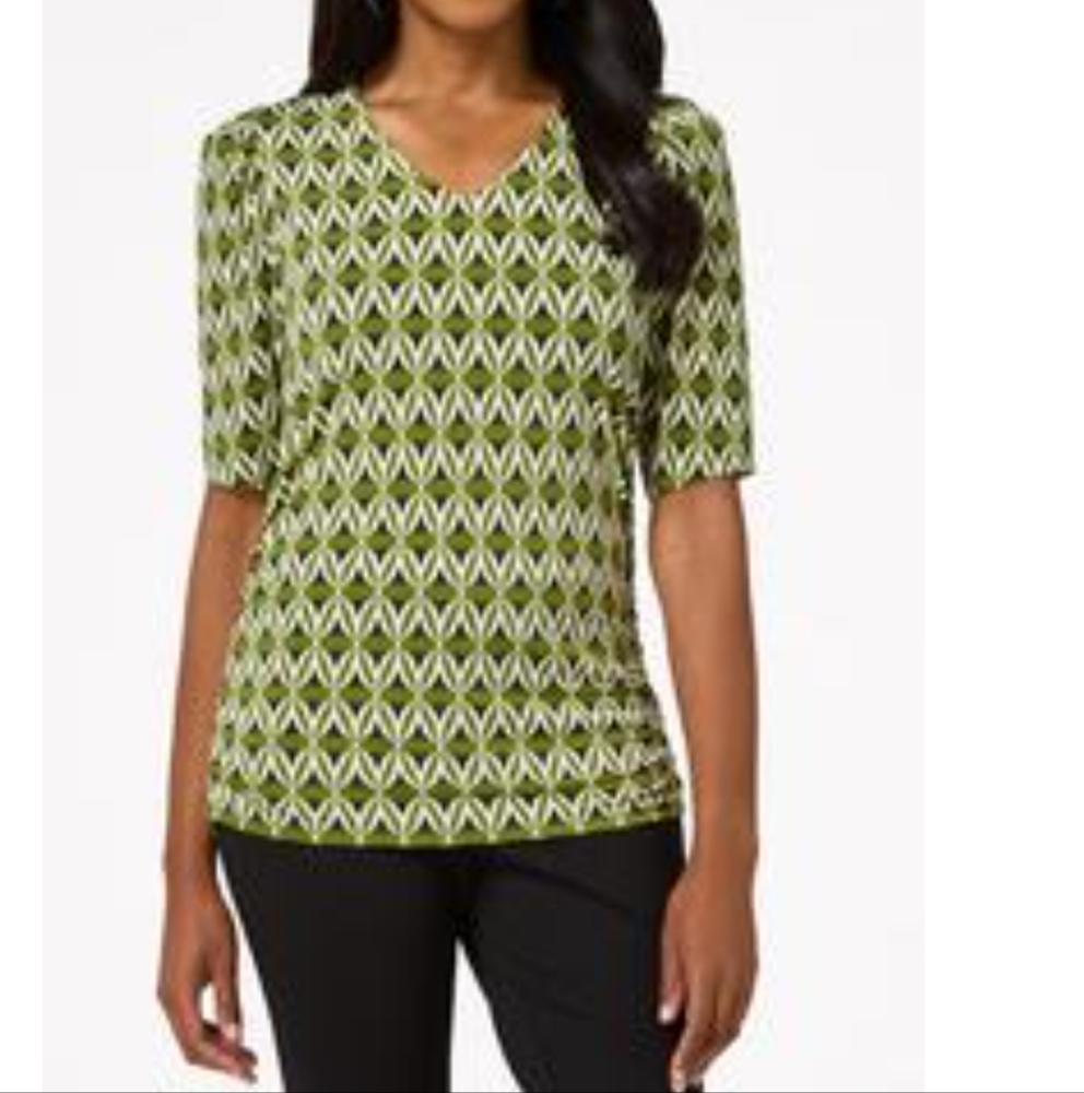 Geometric Print Olive Green White Black Short Sleeve Knit Top Blouse Siz…